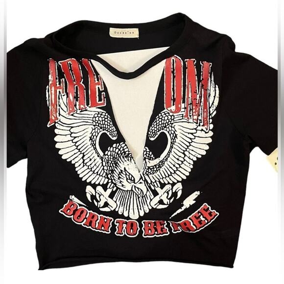 Occasion Biker Crop Top Womens Size Large Black Low V Neck Cutout Eagle New - Picture 3 of 4